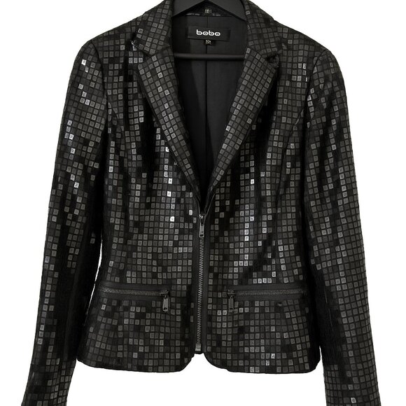bebe Jackets & Blazers - BEBE Black Sequin Tuxedo Blazer Zip Front Size 10 NWOT